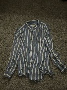 American Eagle Outfitters Blue and White Vertical Stripe Button-Down Shirt
